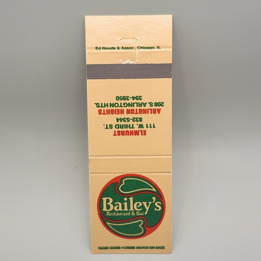Vintage Bailey's Restaurant & Bar Matchbook Elmhurst Arlington Heights IL Ad